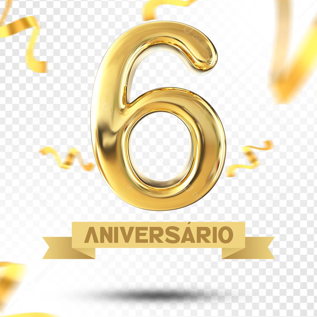 Elemento 3D 6 Aniversário Dourado Para Composição PSD