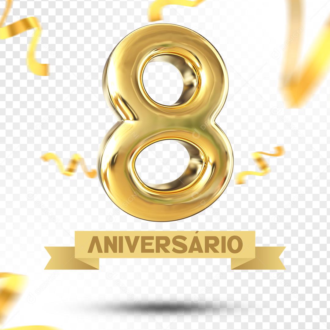 Elemento 3D 8 Aniversário Dourado Para Composição PSD