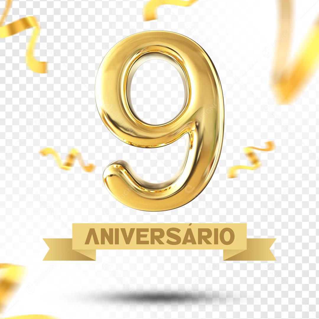 Elemento 3D 9 Aniversário Dourado Para Composição PSD