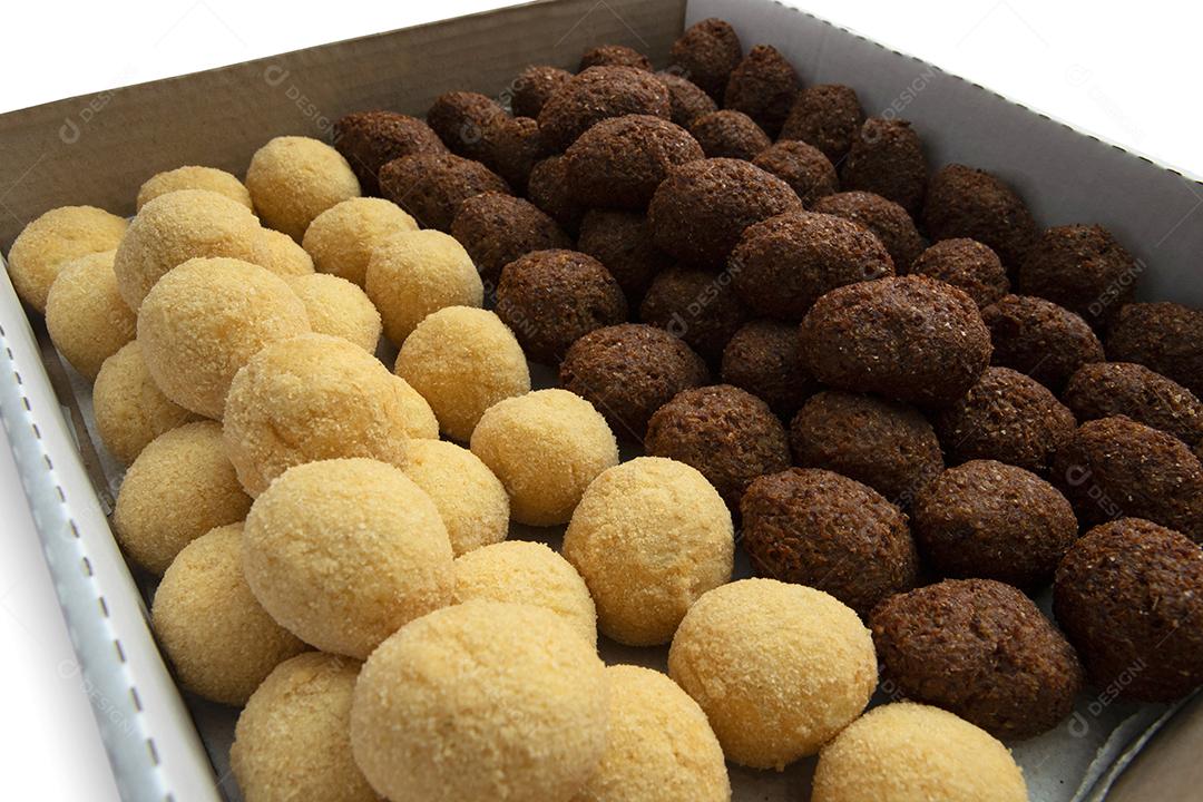 A box of fried croquettes and appetizers for delivery. Brazilian snack coxinha on white background.