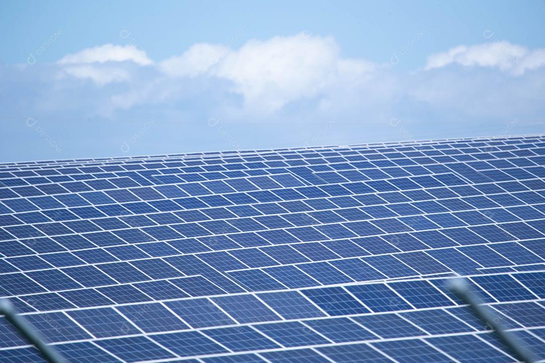 energia verde da fazenda solar da luz do sol mostra muita célula solar
