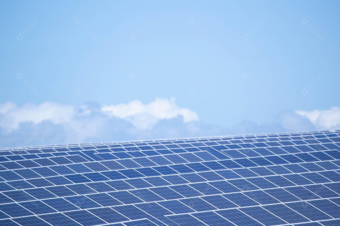 energia verde da fazenda solar da luz do sol mostra muita célula solar
