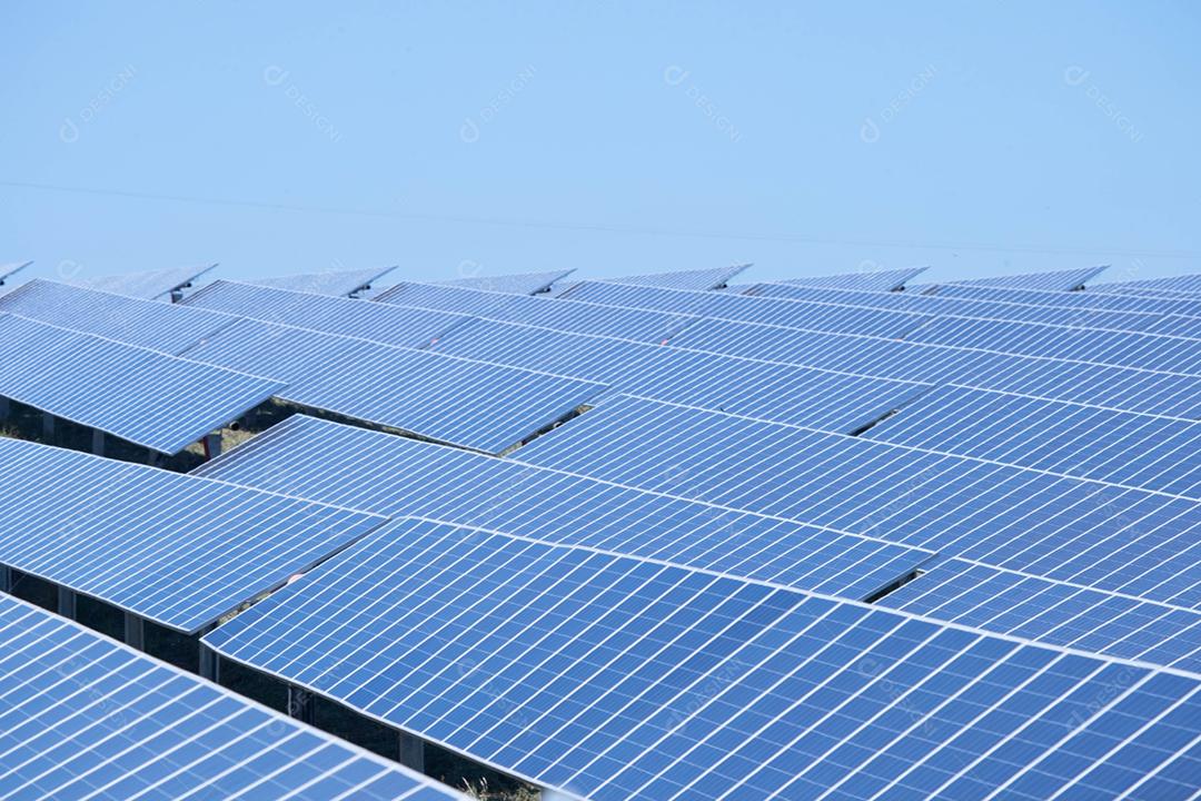 energia verde da fazenda solar da luz do sol mostra muita célula solar