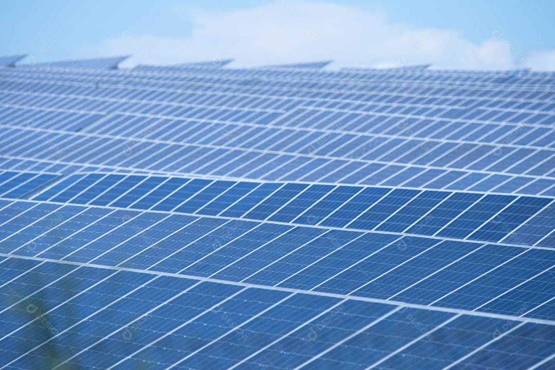 energia verde da fazenda solar da luz do sol mostra muita célula solar