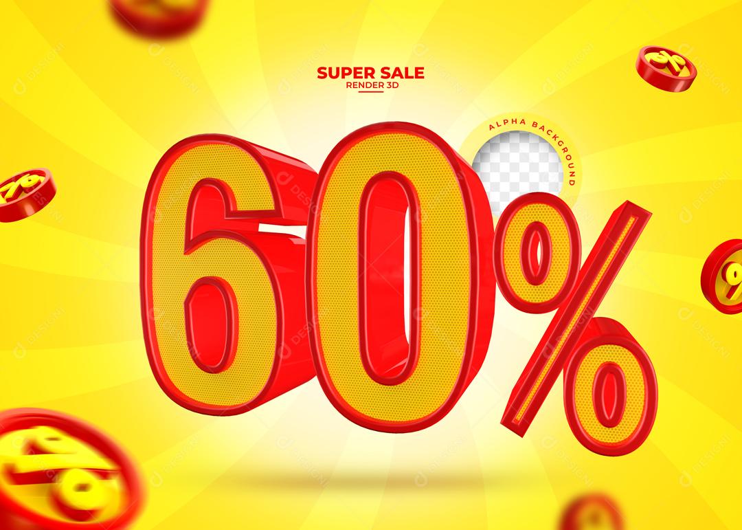 Número 3D 60% Amarelo e Vermelho Elemento Para Composição PSD