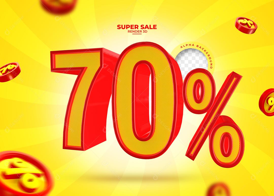 Número 3D 70% Amarelo e Vermelho Elemento Para Composição PSD