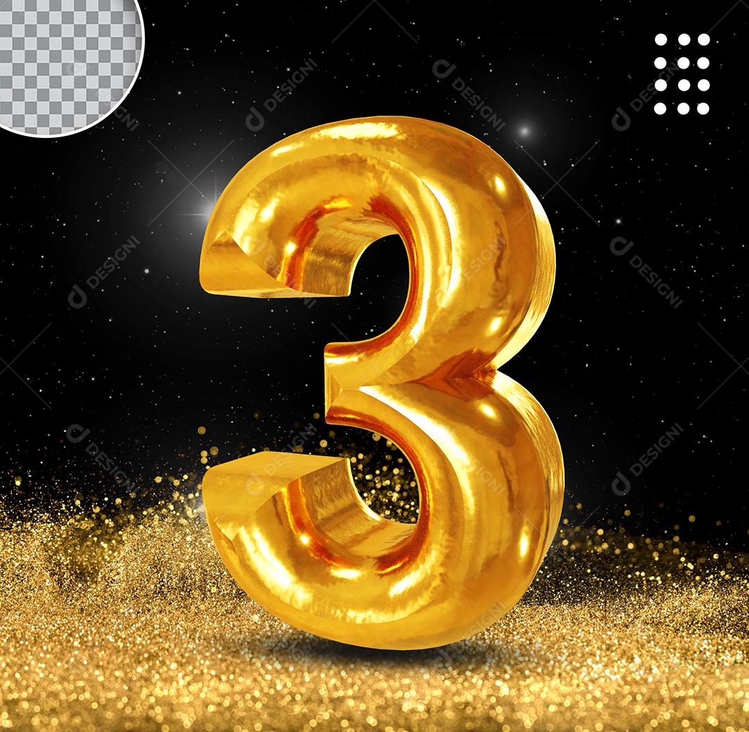 Golden 3D Number 3 For Composition PSD