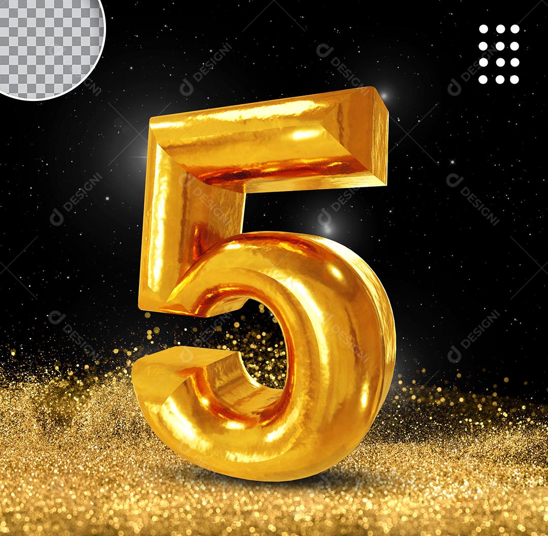 Golden 3D Number 5 For Composition PSD