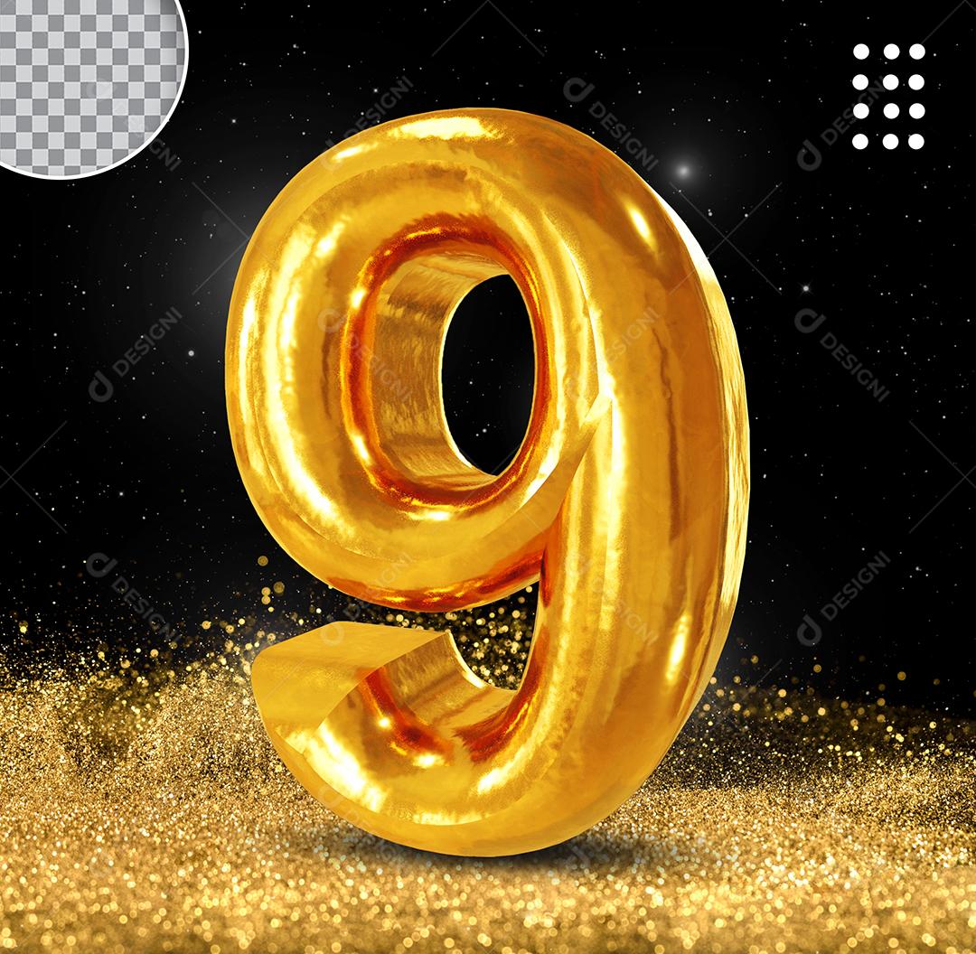 Golden 3D Number 9 For Composition PSD