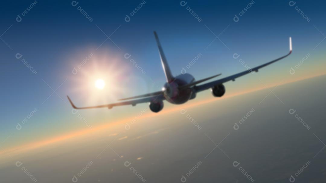 Aviões comerciais desfocados voando sobre o céu limpo