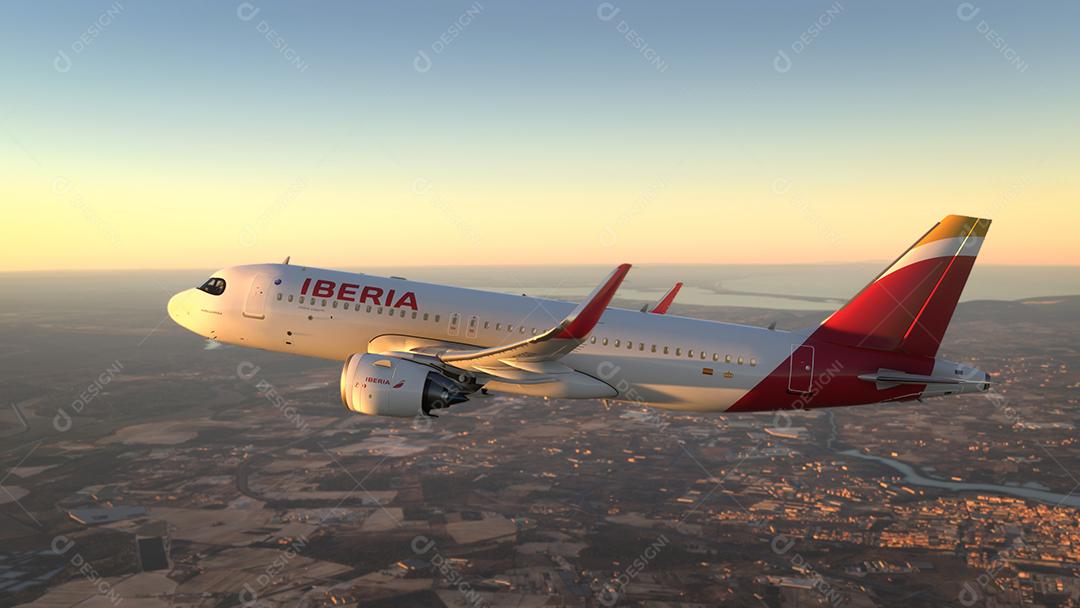 Airbus A320 Iberia voando sobre o céu limpo da Espanha, 18 de maio de 2022, Espanha, Madrid