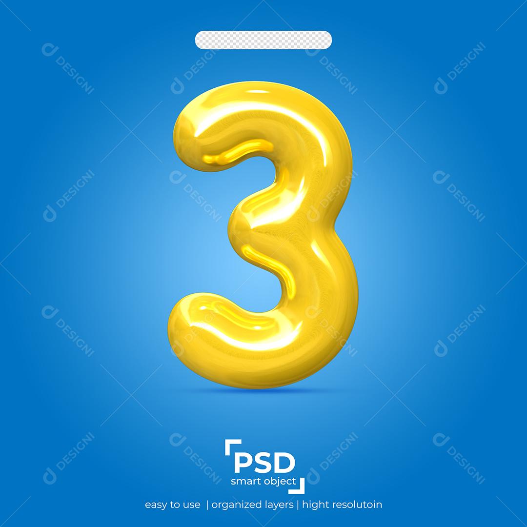 Número 3D 3 Amarelo Para composição PSD