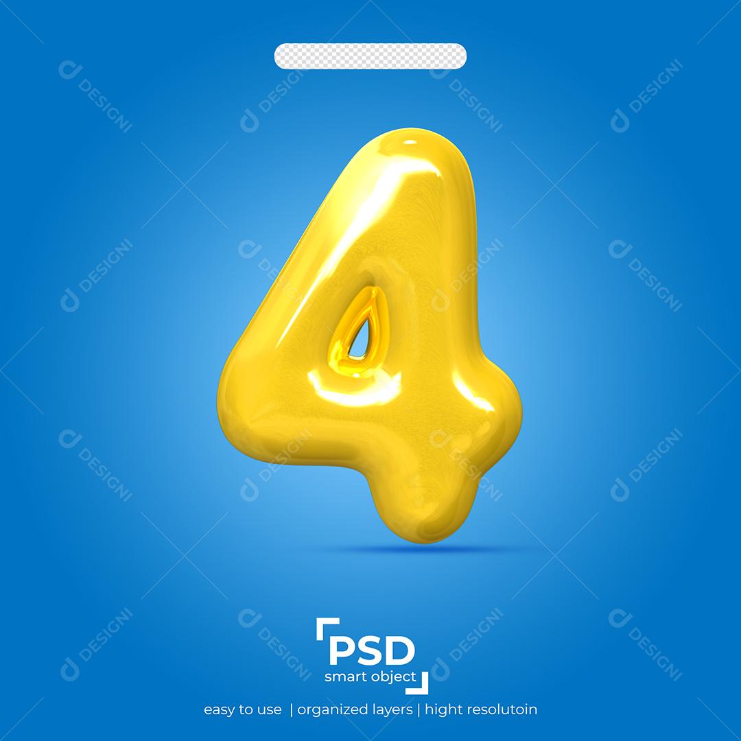 Número 3D 4 Amarelo Para composição PSD