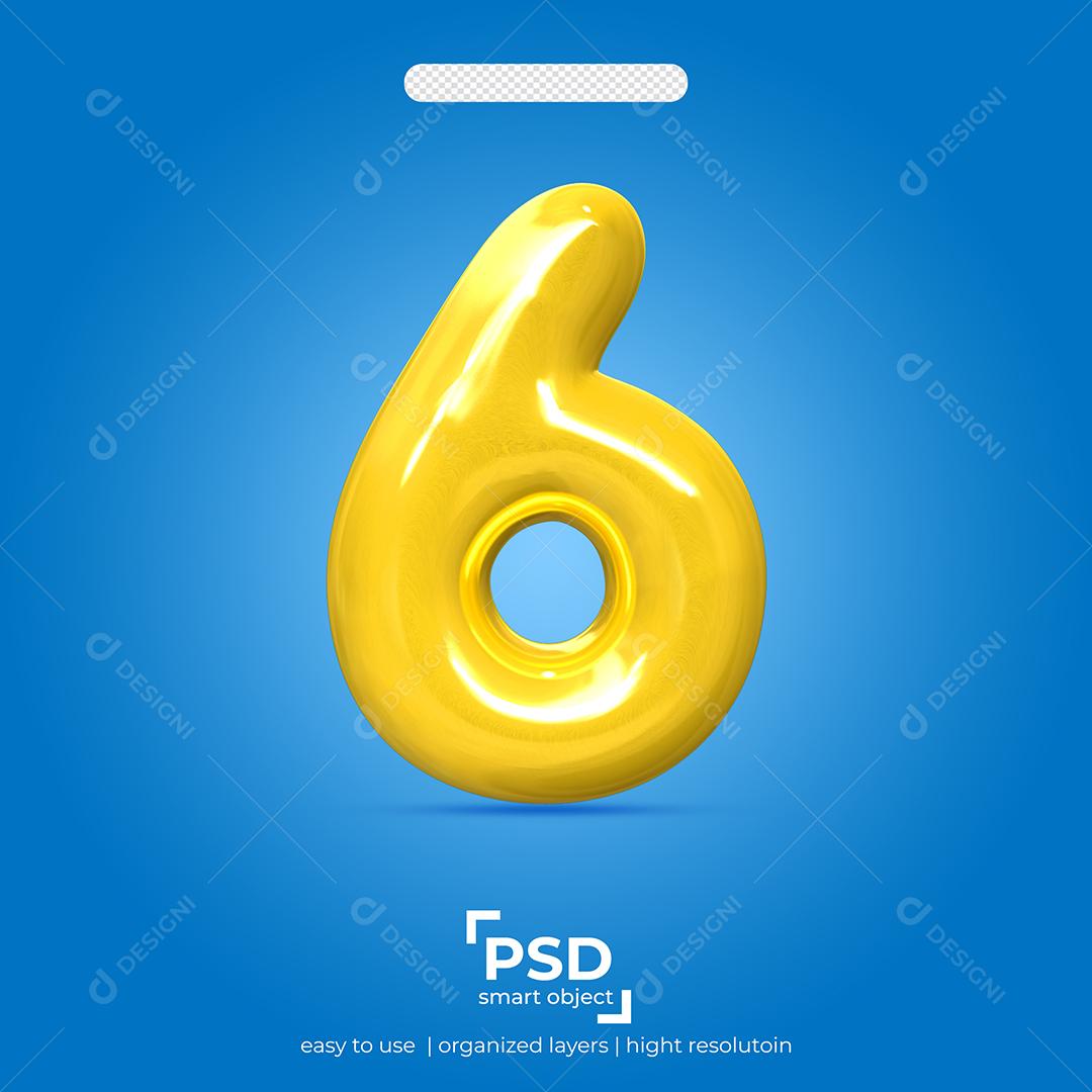 Número 3D 6 Amarelo Para composição PSD