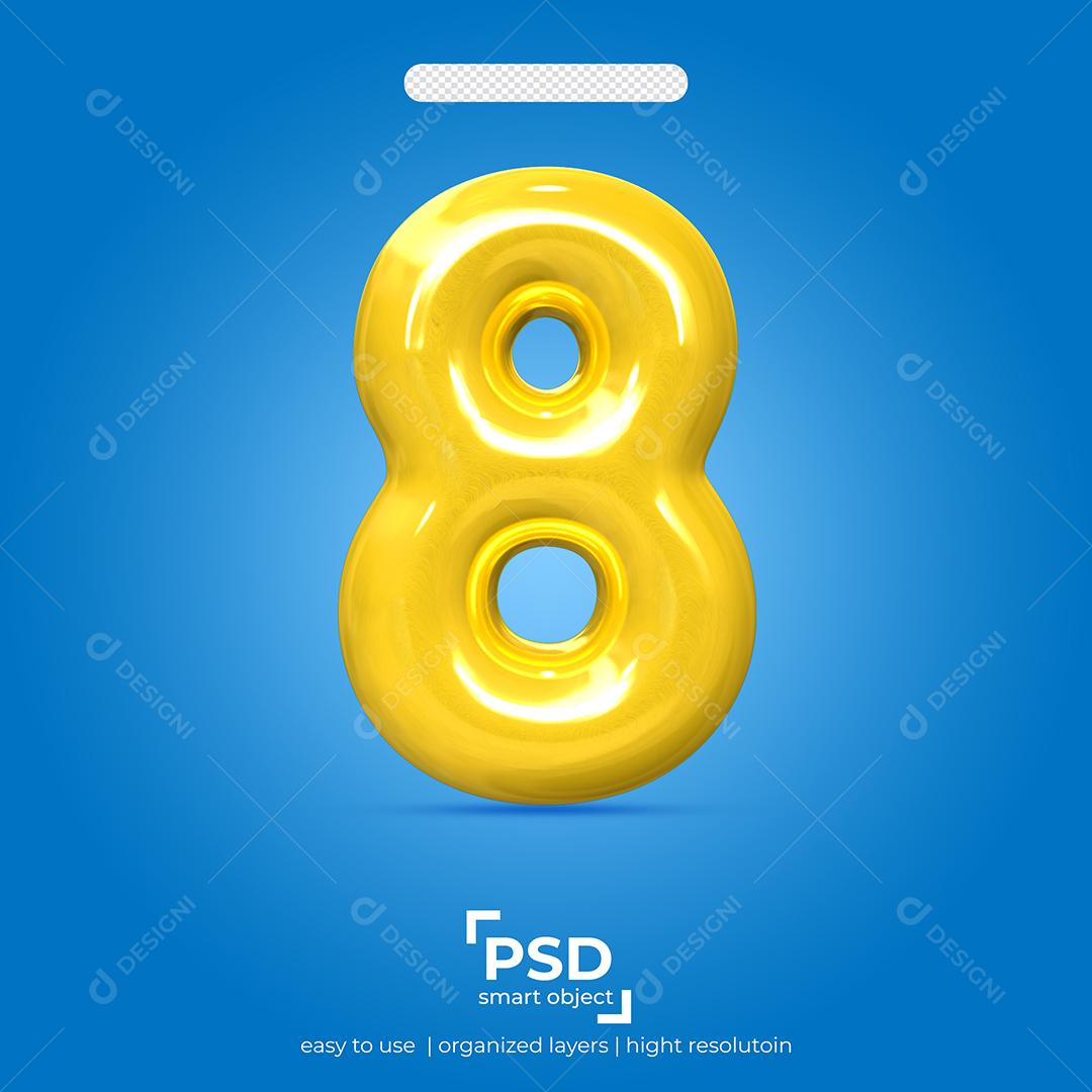 Número 3D 8 Amarelo Para composição PSD