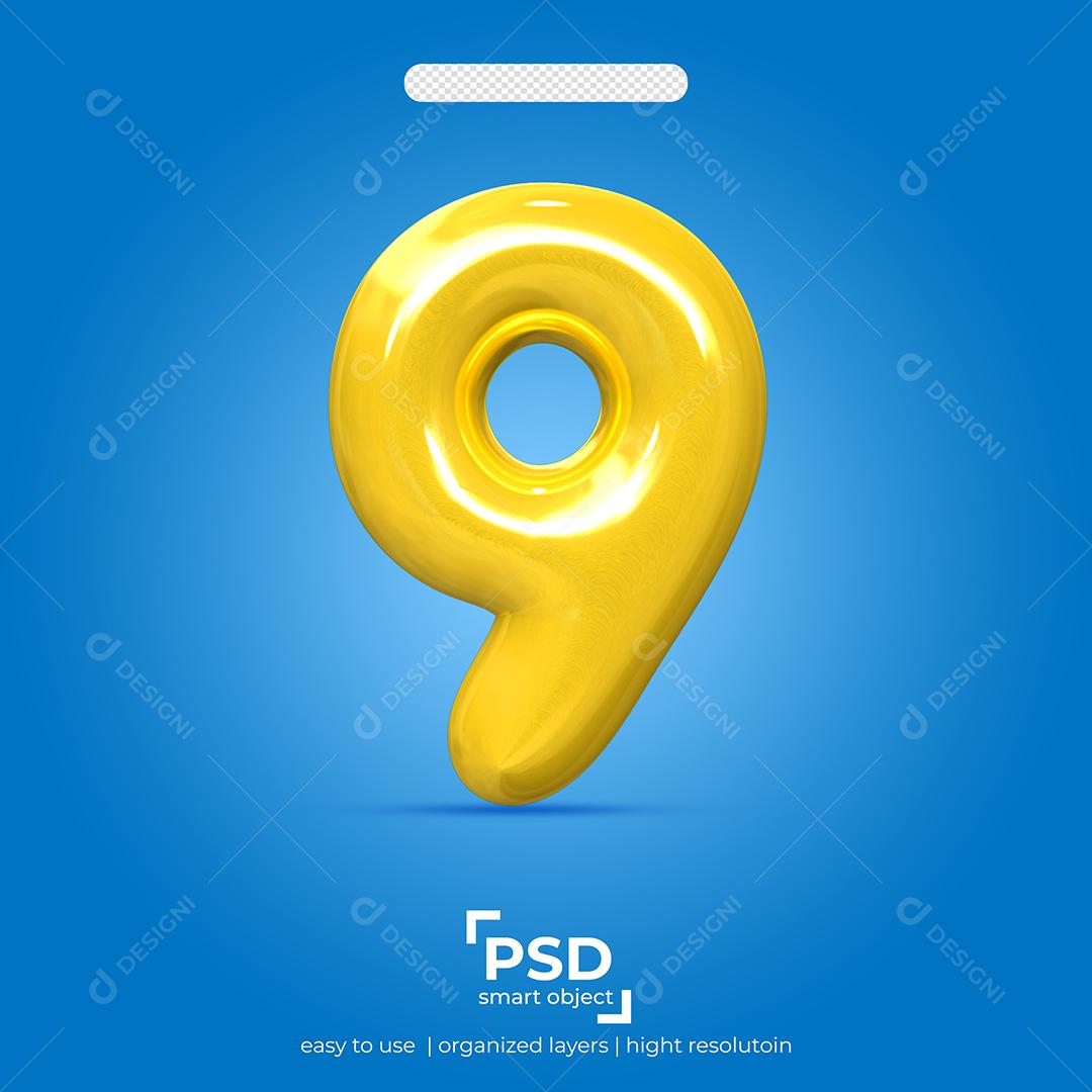 Número 3D 9 Amarelo Para composição PSD