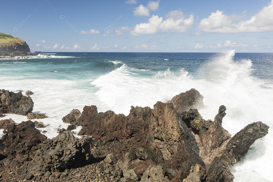 Rocky beach on Easter Island, Rapa Nui, Pacific Ocean.