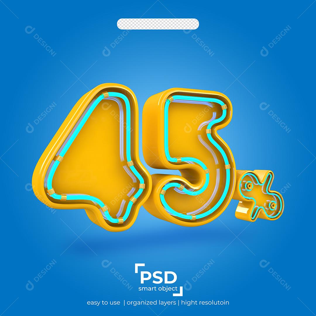 Número 3D 45% Por Cento de desconto Efeito de Luz Elemento Para Composição PSD