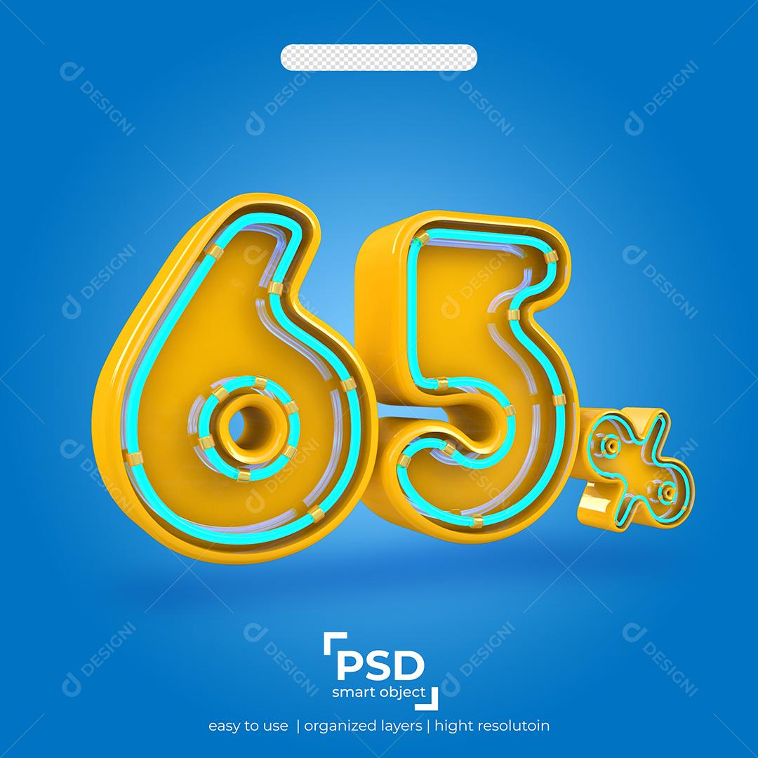 Número 3D 65% Por Cento de desconto Efeito de Luz Elemento Para Composição PSD