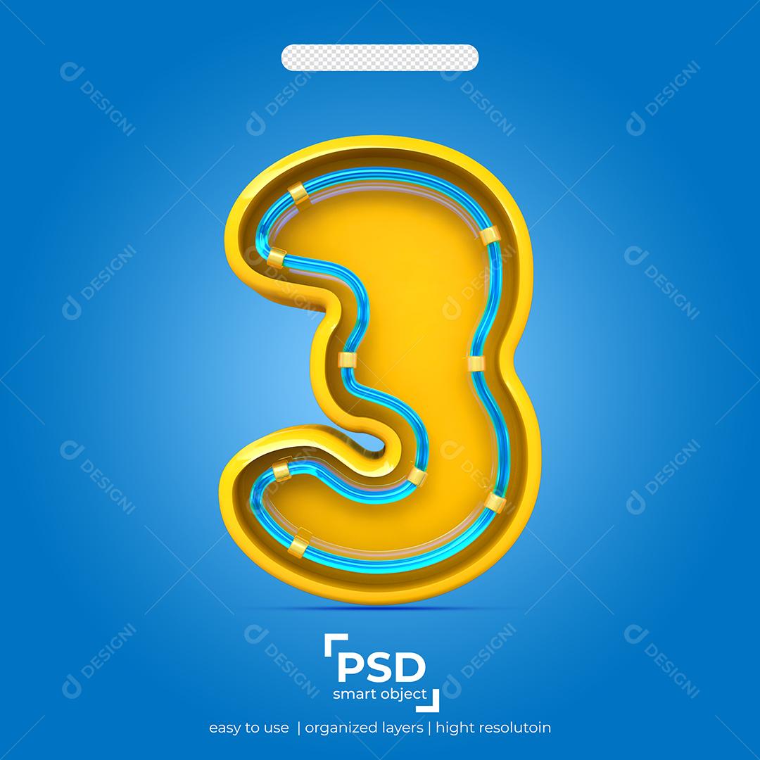 Número 3D 3 Efeito de Luz Elemento Para Composição PSD