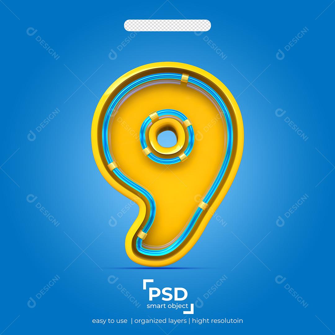 Número 3D 9 Efeito de Luz Elemento Para Composição PSD