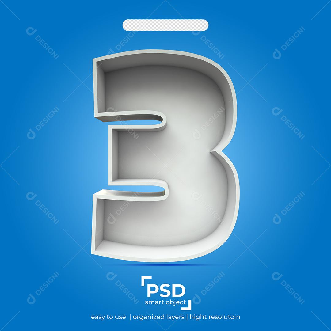 Número 3D 3 Efeito de Luz Branca Elemento Para Composição PSD