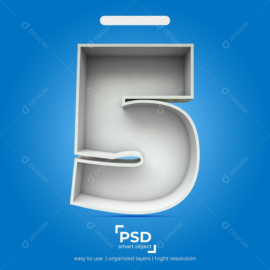 Número 3D 5 Efeito de Luz Branca Elemento Para Composição PSD