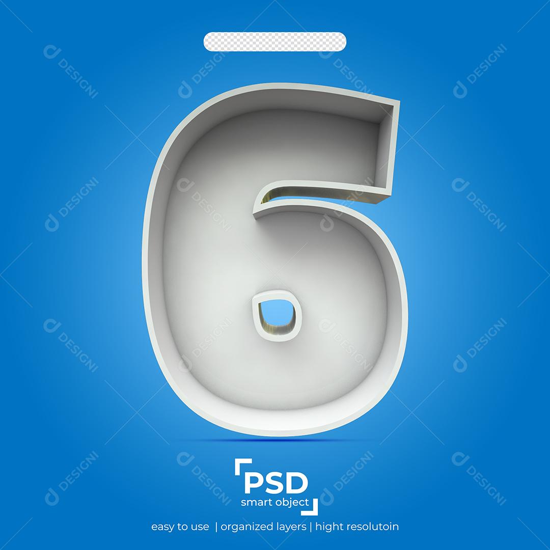 Número 3D 6 Efeito de Luz Branca Elemento Para Composição PSD