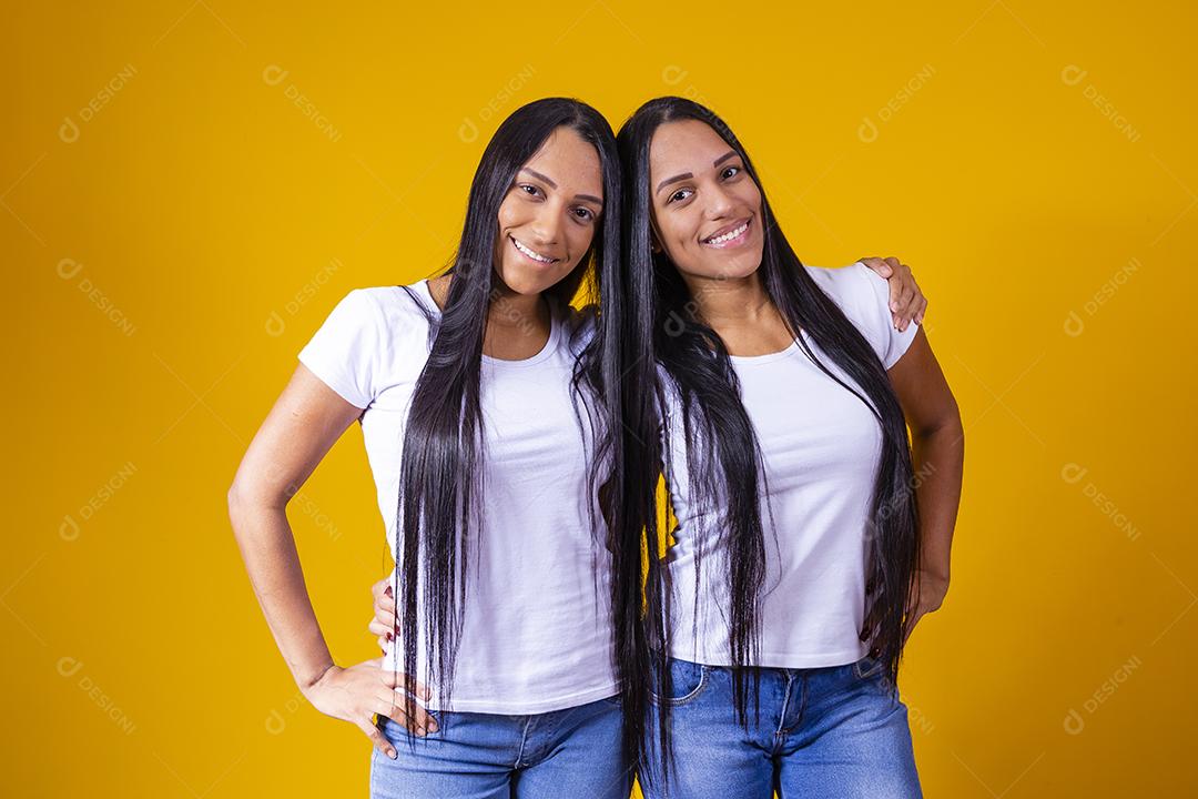 Irmãs gêmeas fofas abraçando olhando para a câmera sorrindo