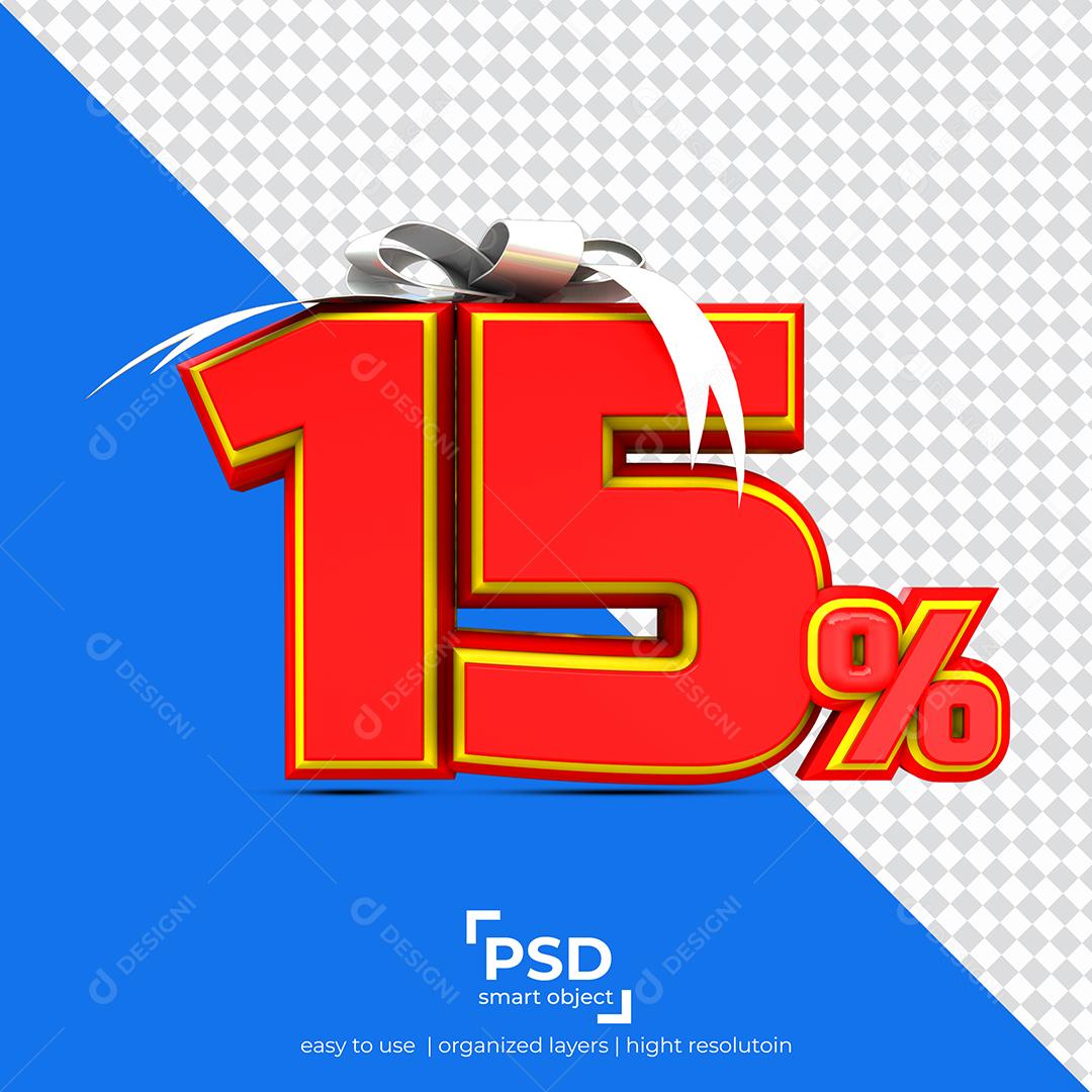 Número 3D 15% Por Cento de desconto Vermelho Elemento Para Composição PSD