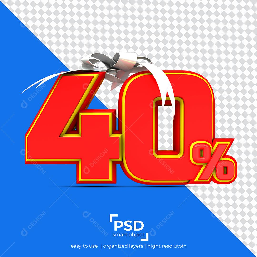 Número 3D 40% Por Cento de desconto Vermelho Elemento Para Composição PSD
