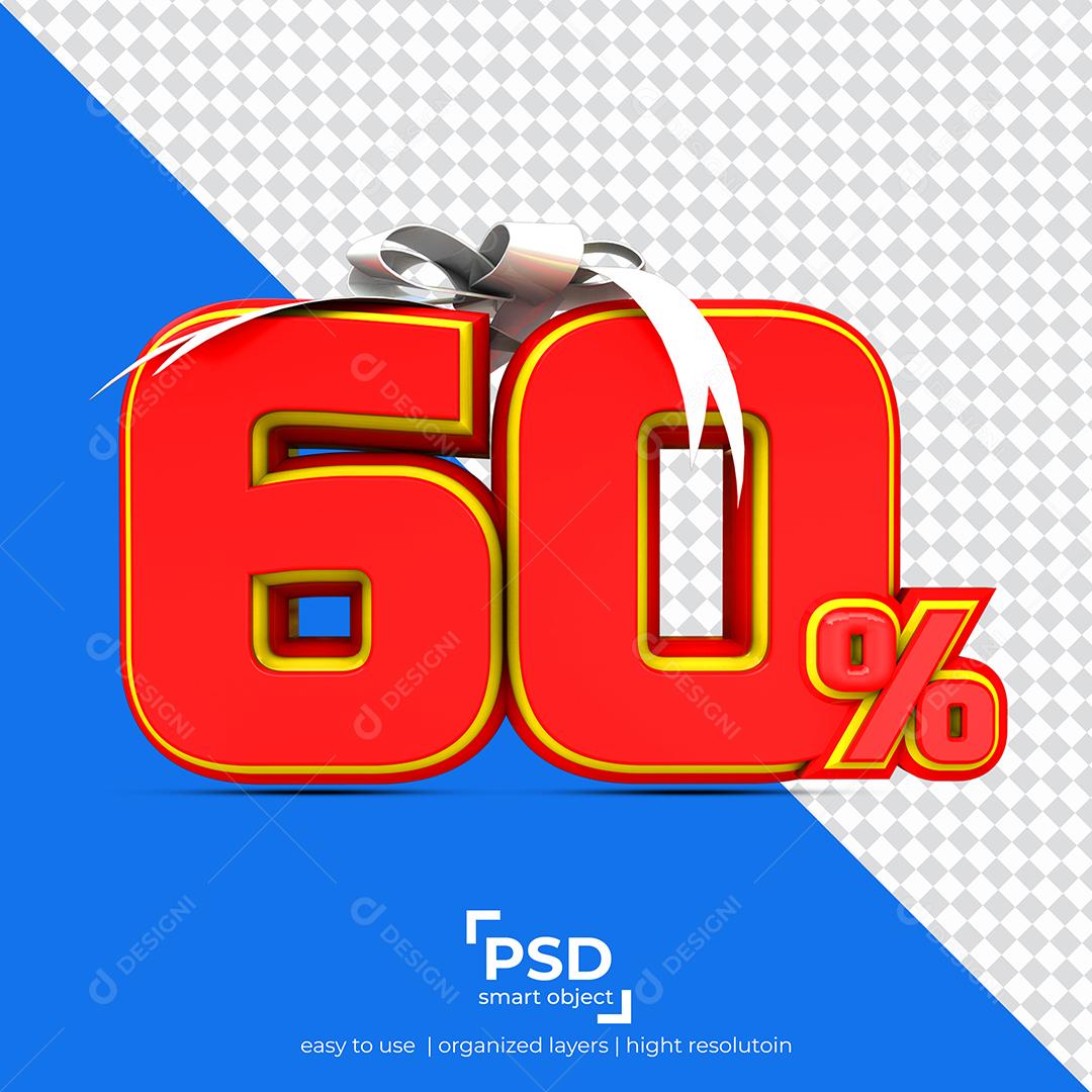 Número 3D 60% Por Cento de desconto Vermelho Elemento Para Composição PSD