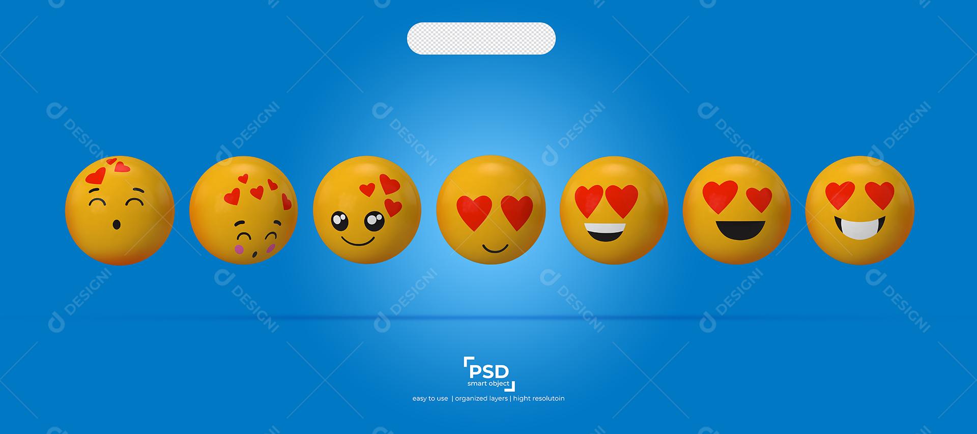 Ilustrações de Emojis 3D Reação Apaixonado e Feliz Elemento Para Composição PSD