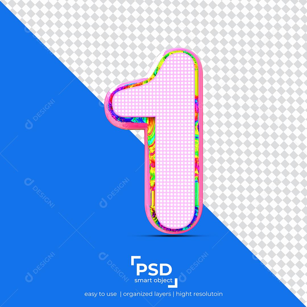 Número 3D 1 com Textura Rosa Para composição PSD