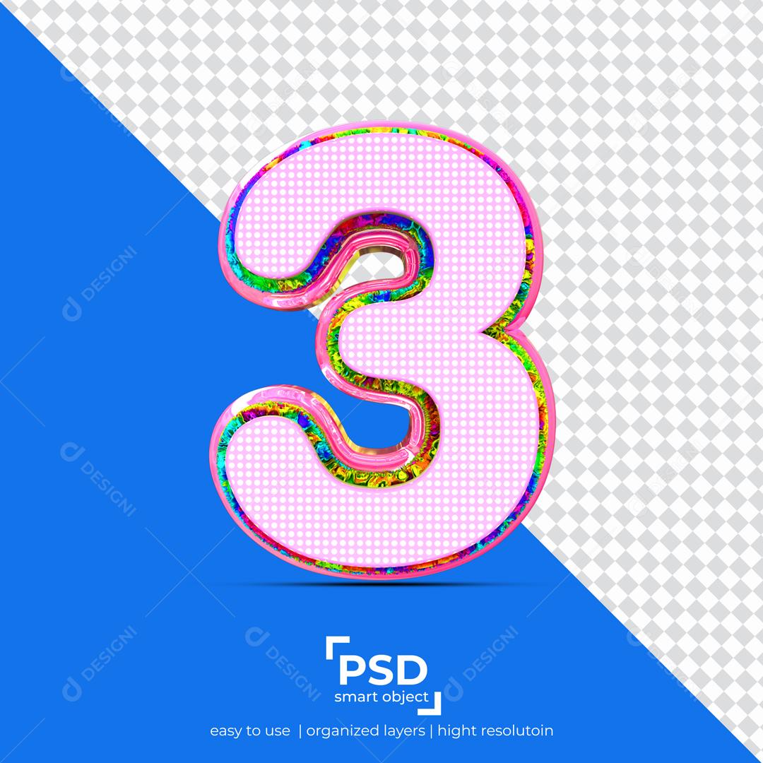 Número 3D 3 com Textura Rosa Para composição PSD