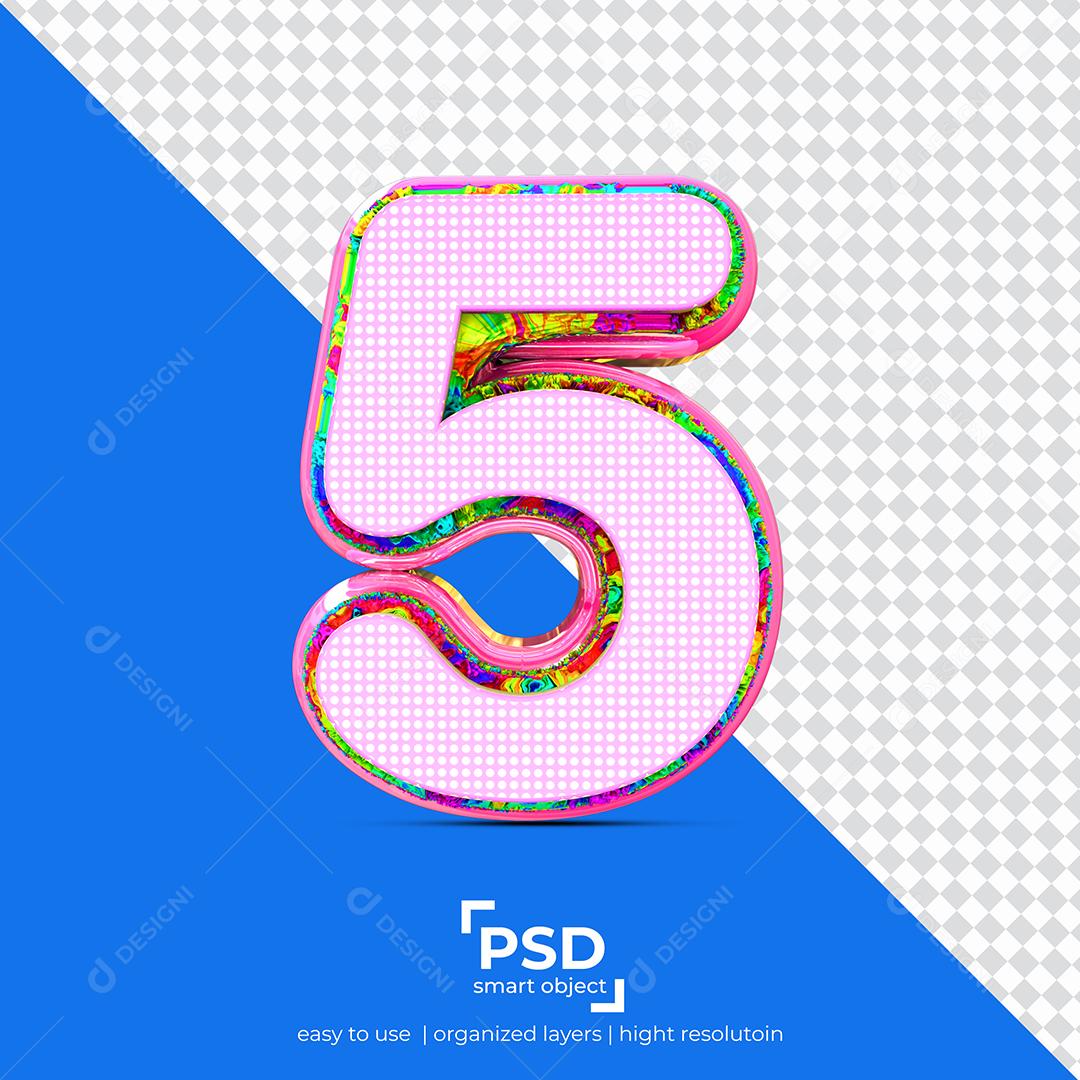 Número 3D 5 com Textura Rosa Para composição PSD