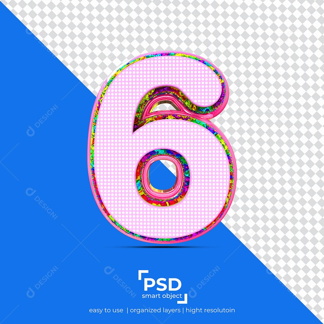 Número 3D 6 com Textura Rosa Para composição PSD