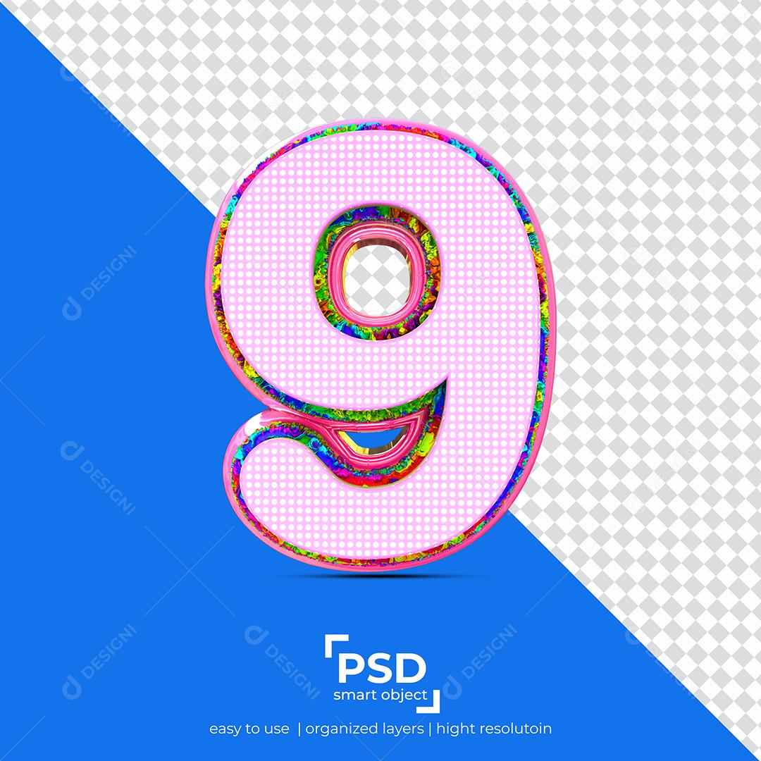 Número 3D 9 com Textura Rosa Para composição PSD