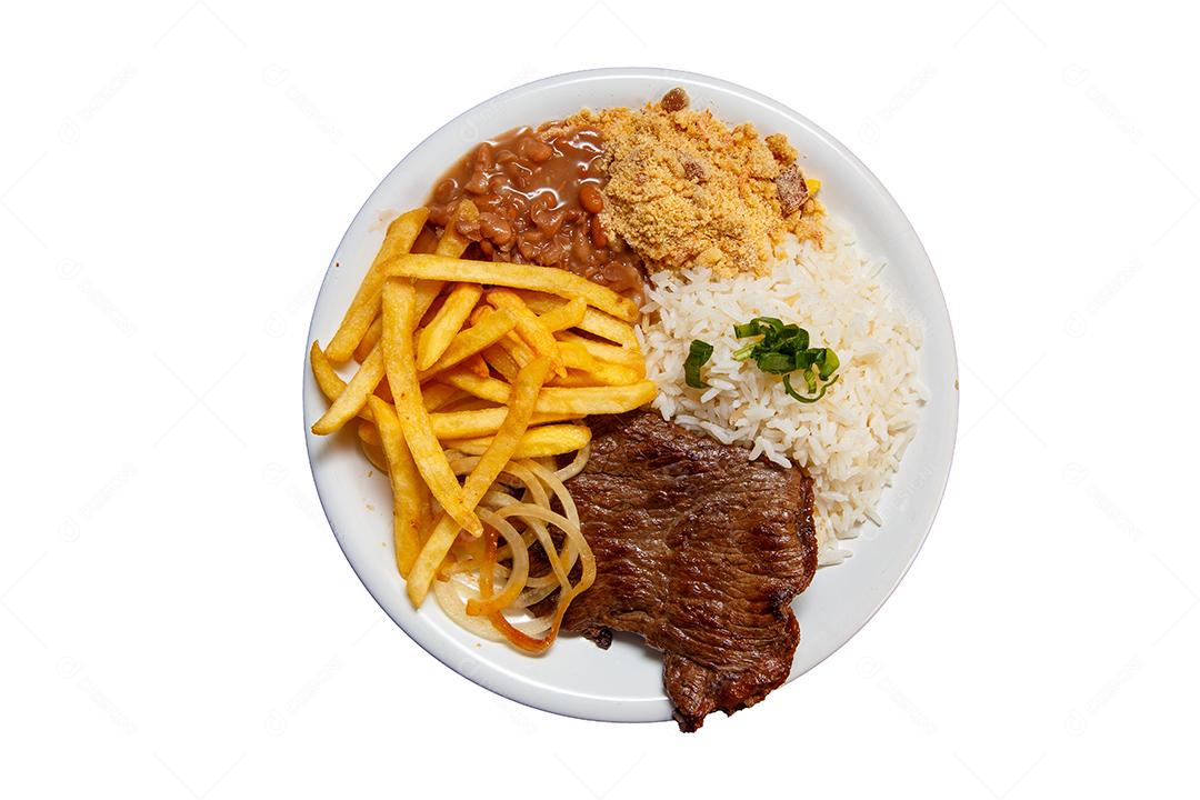 Prato de Arroz feijão batata frita e bife
