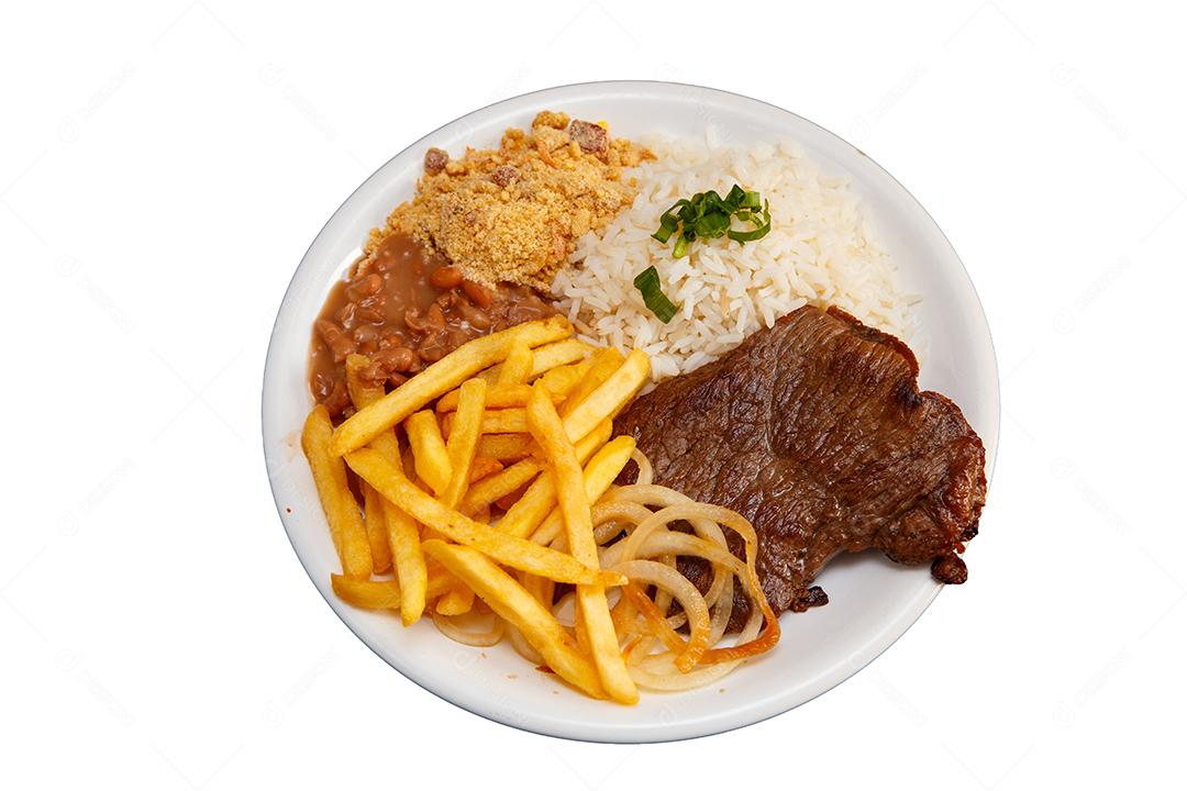 Prato de Arroz feijão batata frita e bife