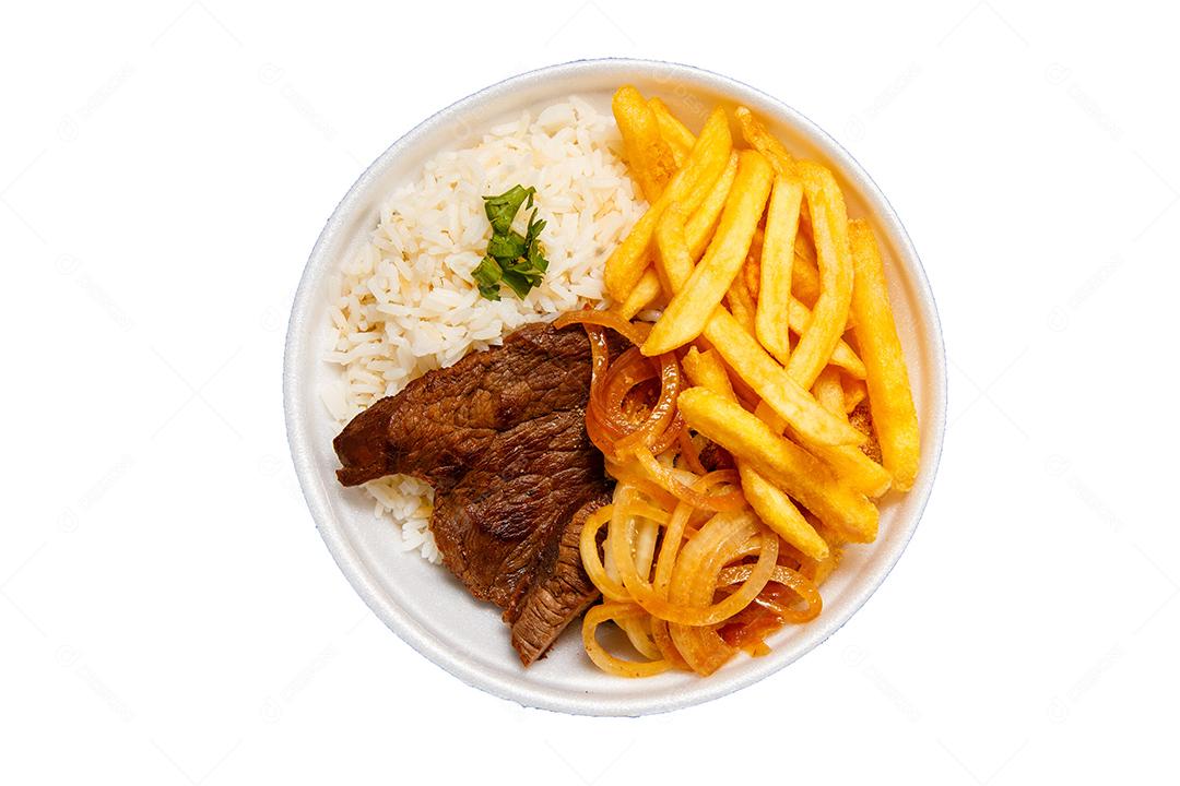 Prato de Arroz feijão batata frita e bife