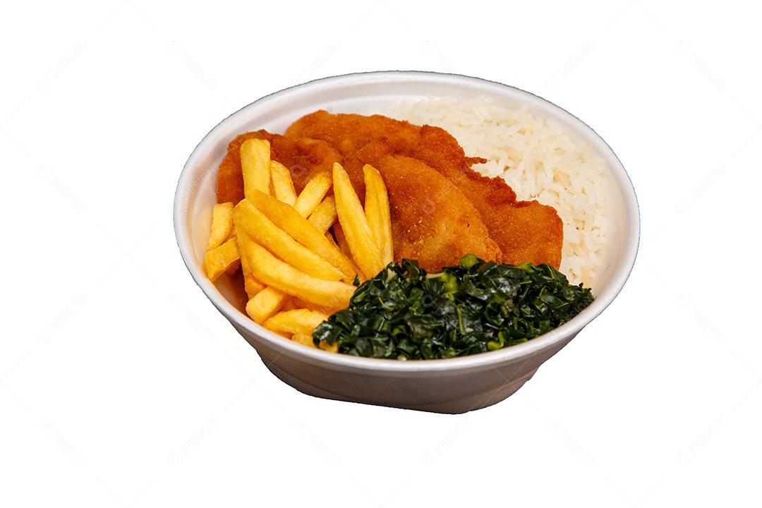 Delicioso prato de frango empanado com arroz