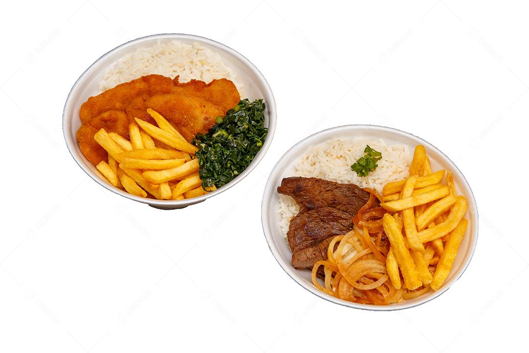 Delicioso prato de frango empanado com arroz e Prato de Arroz feijão batata frita e bife