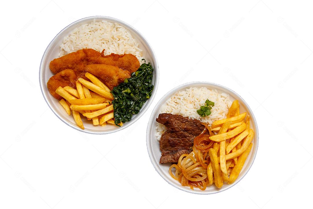 Delicioso prato de frango empanado com arroz e Prato de Arroz feijão batata frita e bife