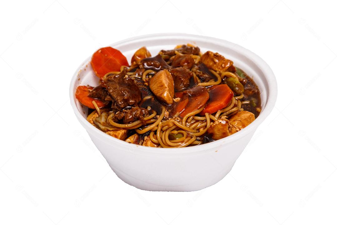 Bowl with yakisoba on white background