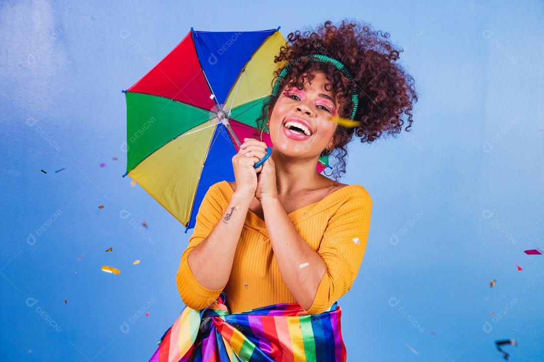Costumed Woman Enjoying the Brazilian Carnival Party With Colorful Umbrella