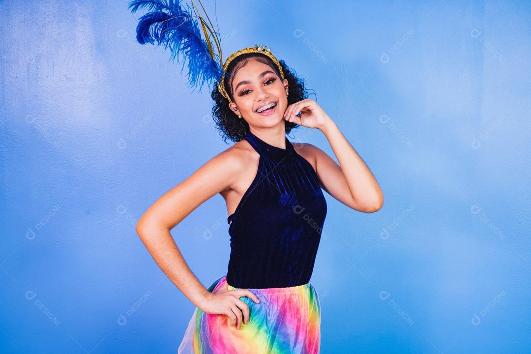 Costumed Woman Enjoying the Brazilian Carnival Party With Golden Mask