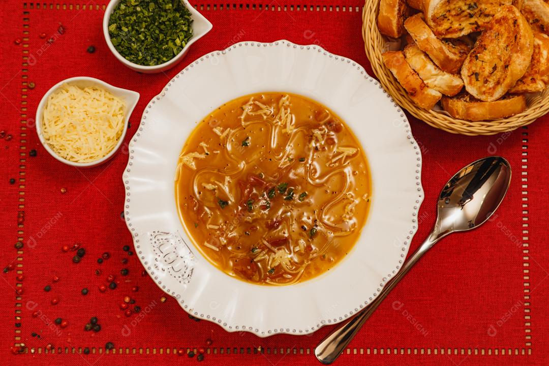 Delicious potato broth with bacon, white beans, potato bacon