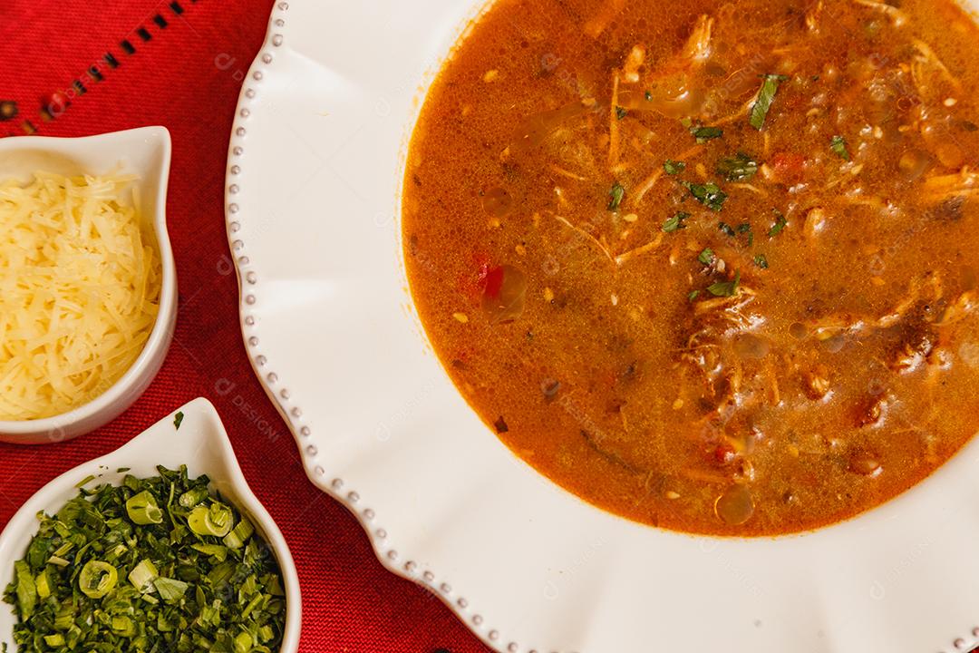 Delicious potato broth with bacon, white beans, potato soup with bacon and white beans, Gastronomy, Brazilian winter foods