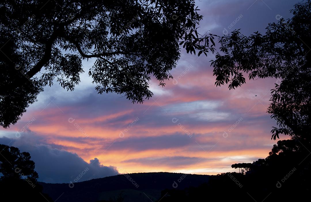 Pôr do sol com silhueta de árvores em Monte Verde, Brasil.